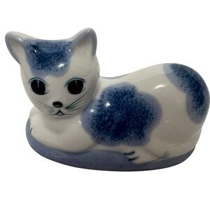 Vintage Blue and White Ceramic Cat Figurine Small Kitty Collectible 4”